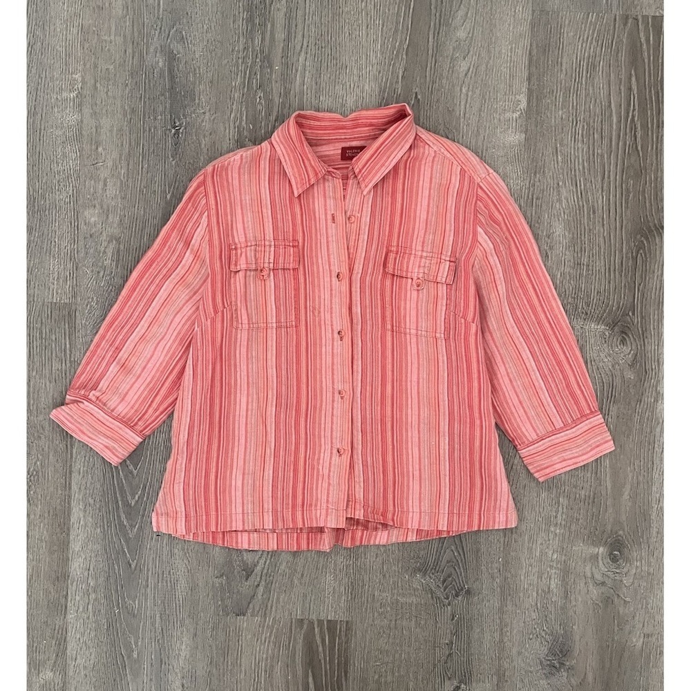 Valerie Stevens Shirt Womens L Linen Stripe Button Up Pink Vintage Summer Resort